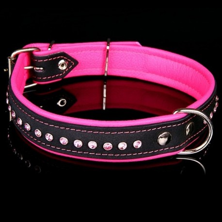 Collier en cuir doublé simili cuir avec strass pour chien